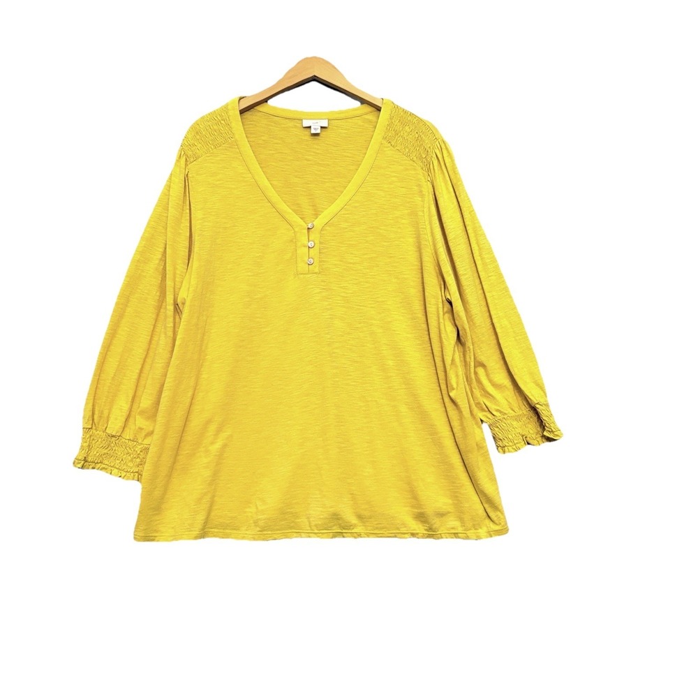 J Jill Top Size 2X Henley Smocked Shoulder Mustard Tencel Casual‎ Boho Normcore